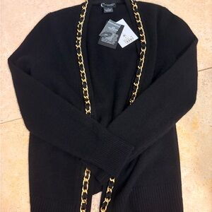 Bloomingdale's Black Cardigan with Gold Chain Accent